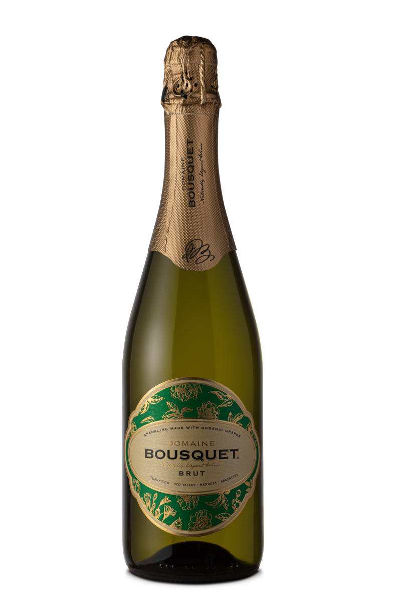 Domaine Bousquet Winery Sparkling Brut Tupungato 750ml bottle with Andes mountains background