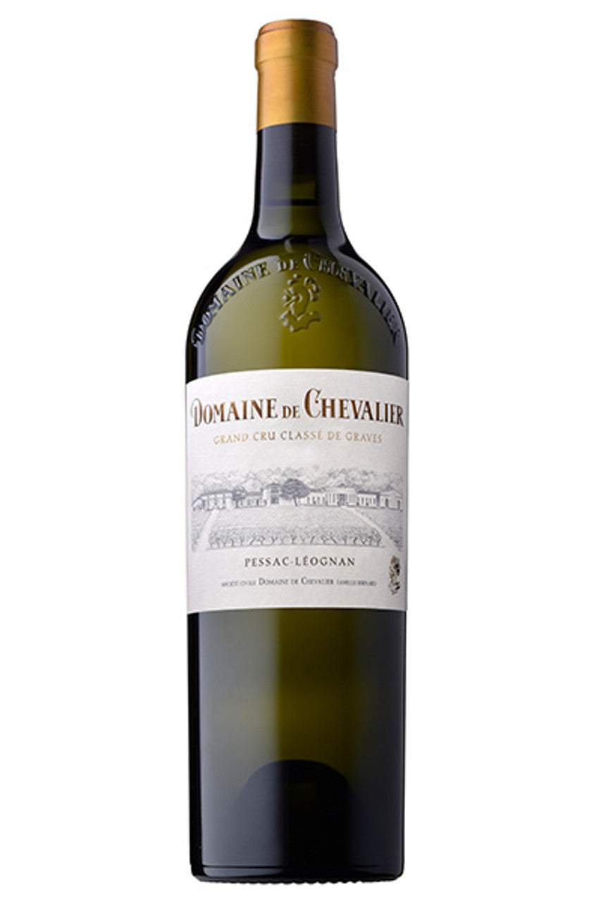 Bottle of Domaine De Chevalier Pessac Leognan Blanc 2018 white wine with pale golden color and elegant labeling