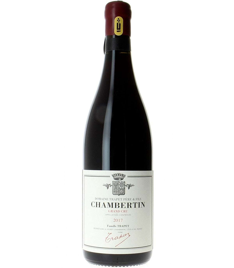 Bottle of Domaine Trapet Chambertin Grand Cru 2017 Burgundy red wine with elegant fruit and mineral notes