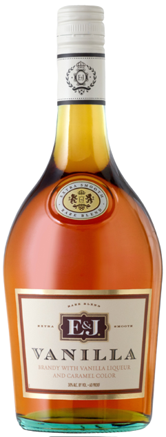 E and J Vanilla Brandy 750 ML bottle with rich amber color and vanilla flavor label
