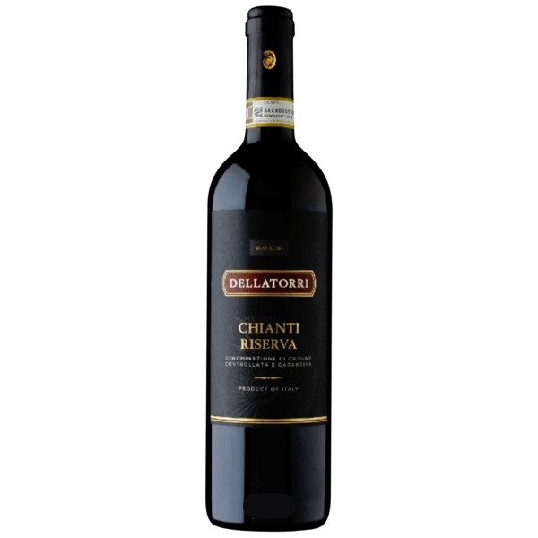 Dellatorri Chianti Riserva wine bottle on a gray background