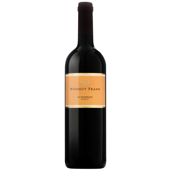 Wine bottle with 'Weingut Frank' label on a white background