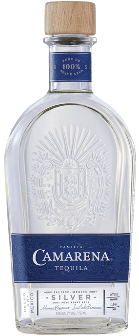 Familia Camarena Silver Tequila 100% De Agave 1L bottle with blue label and wooden cap