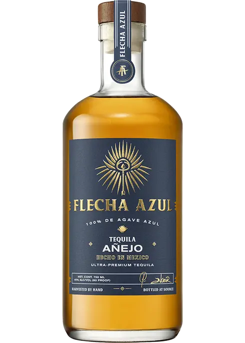 Flecha Azul Anejo Tequila 750ml bottle aged in American oak with rich amber color and premium label