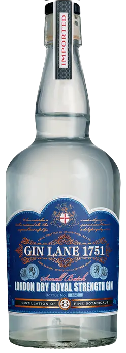 Gin Lane 1751 Small Batch Royal Strength London Dry Gin 750ML bottle with blue label and premium craftsmanship.