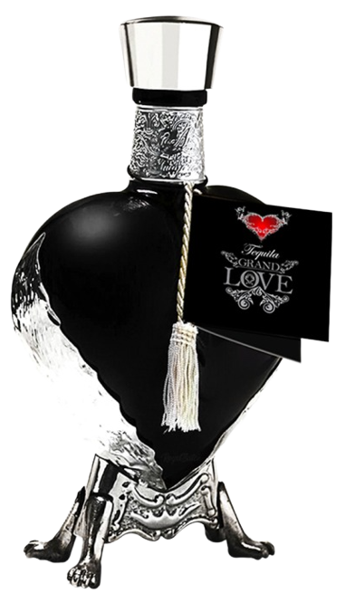 Grand Love Tequila Reposado Black Heart 750ml in black heart-shaped ceramic bottle on silver stand