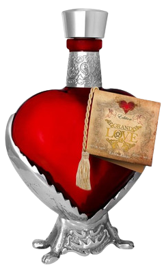 Grand Love Tequila Reposado in red heart-shaped bottle with silver stand and label tag