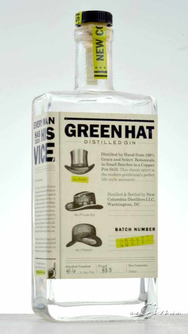 Green Hat classic Gin 750ml bottle with label featuring vintage design and historical story.