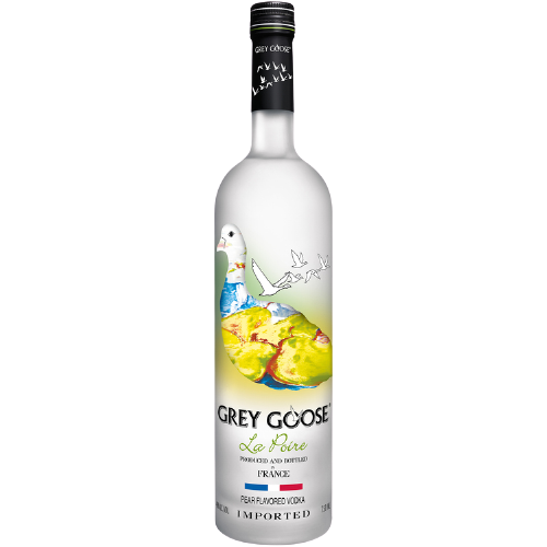 Grey Goose Pear Flavored Vodka La Poire 750 ML bottle with Anjou pear illustration.