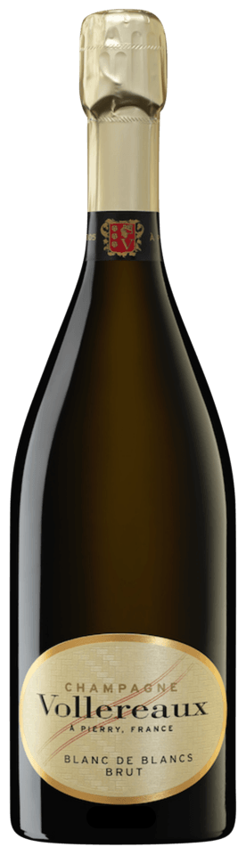 Vollereaux Blanc de Blancs Brut Champagne bottle with sparkling wine and Chardonnay focus