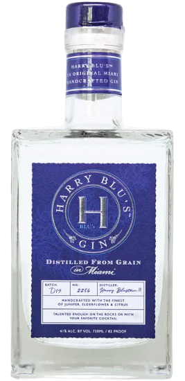 Harry Blus Handcrafted Gin 750ML bottle with blue label and premium design