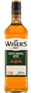 J.P. Wisers Canadian Whisky Triple Barrel Rye 750 ML bottle with green label displaying whisky blend details.