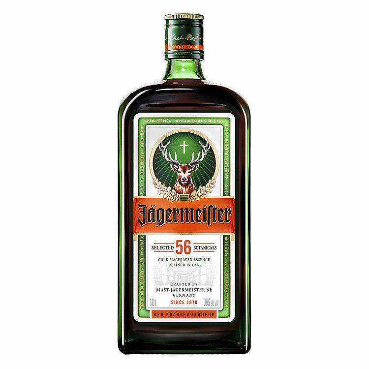 Jagermeister Herbal Liqueur 70 1L bottle with label featuring 56 botanicals, German spirit.