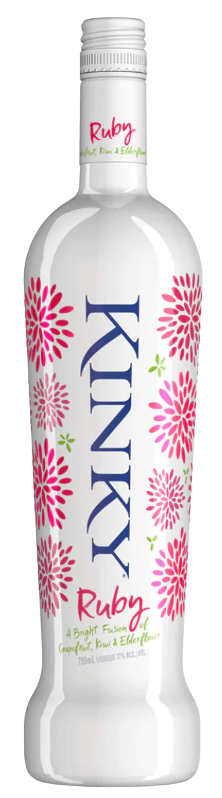 Kinky Beverages Ruby Liqueur 750 ML bottle with floral design.
