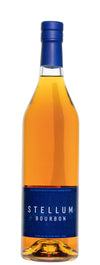 Bottle of Stellum Bourbon with a blue label on a white background