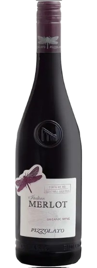Bottle of La Cantina Pizzolato Merlot 750 ML organic Italian wine with garnet color and aromatic notes