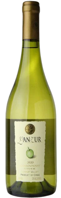 Bottle of Lanzur Chardonnay 2020 750 ML, a pale golden white wine from Chile with a sleek label, ideal for seafood pairings and sunny afternoons.