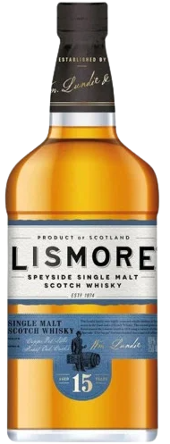 Lismore 15 Year Old Single Malt Scotch Whisky bottle, 750 ML, Speyside, aged in ex-bourbon and ex-sherry casks.