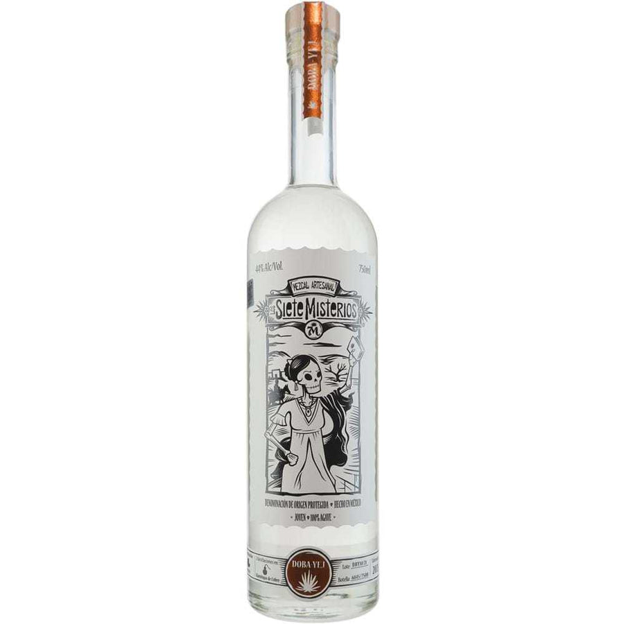 Los Siete Misterios Doba-Yej Mezcal 750ml bottle with artisanal Mexican design and clear liquid inside