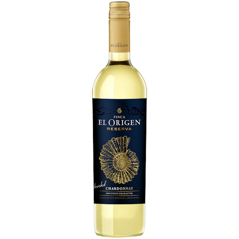 Finca El Origen Chardonnay Unoaked Reserve 2021 bottle from Valle de Uco with navy blue label and gold lettering