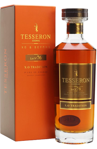 Tesseron Lot N. 76 XO Tradition Cognac 750 ML bottle and packaging displaying luxurious design.