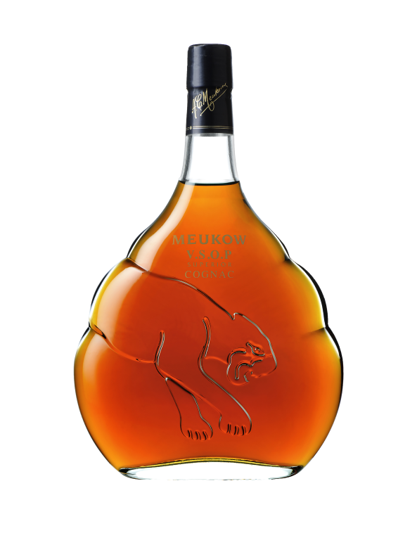 Meukow Cognac VSOP 750 ML bottle with embossed panther design.