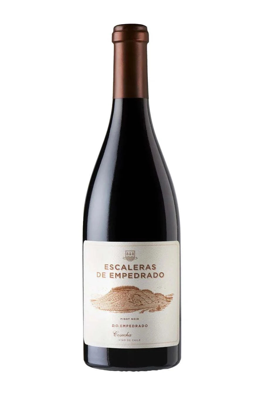 Red wine bottle with a white label on a white background