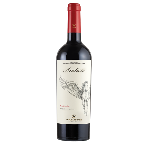 Miguel Torres Andica Gran Reserva Carmenere Chilean red wine bottle with red cap and Pegasus illustration on label