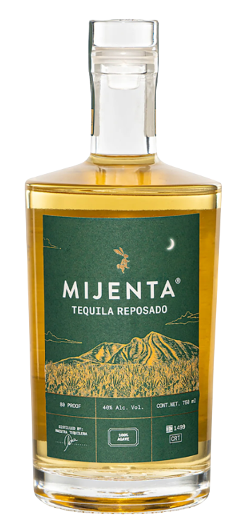 Mijenta Tequila Reposado 100% Agave 750ml bottle with green label showing Jalisco highlands design