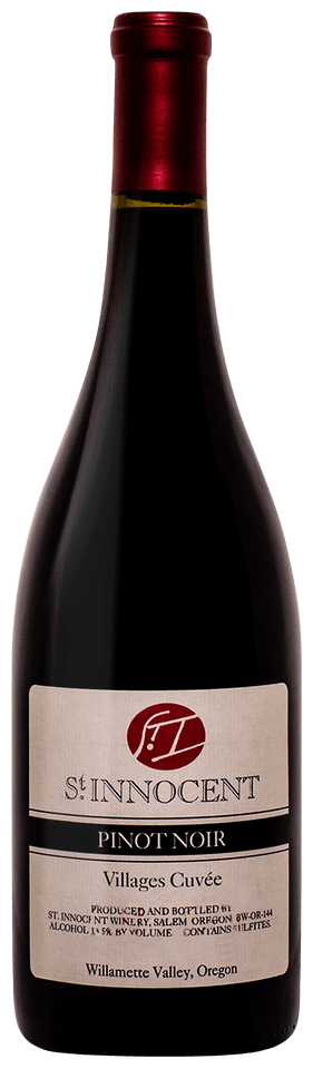 Shinnocent Pinot Noir wine bottle with red cap and label on a white background