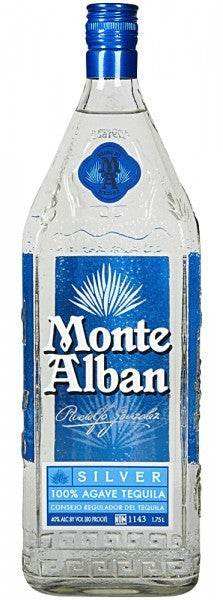 Monte Alban Silver Tequila 100% De Agave 1.75L clear bottle with blue label