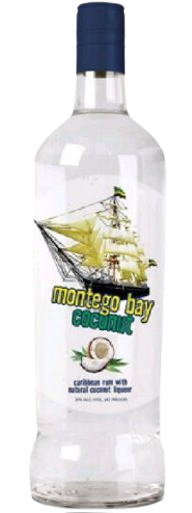 Montego Bay Caribbean Coconut Rum 750 ML bottle with coconut liqueur flavor.