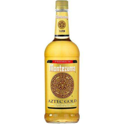Montezuma Aztec Gold Tequila 1.75 L bottle with golden amber liquid and Aztec design label