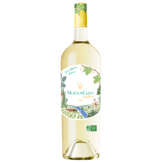 Mouton Cadet by Nathan Sauvignon Blanc 750 ML French white wine bottle with green and yellow label design