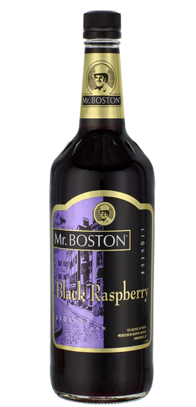 Mr. Boston Black Raspberry Liqueur 1 L bottle with deep ruby color and black raspberry flavor