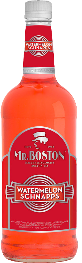 Mr. Boston Watermelon Schnapps 1L bottle with bright red label and vibrant watermelon liqueur inside