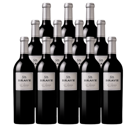 Case of 12 bottles Mt. Brave Cabernet Sauvignon Mount Veeder 2018, premium Napa Valley red wine with dark labels, perfect for cellaring or special occasions.