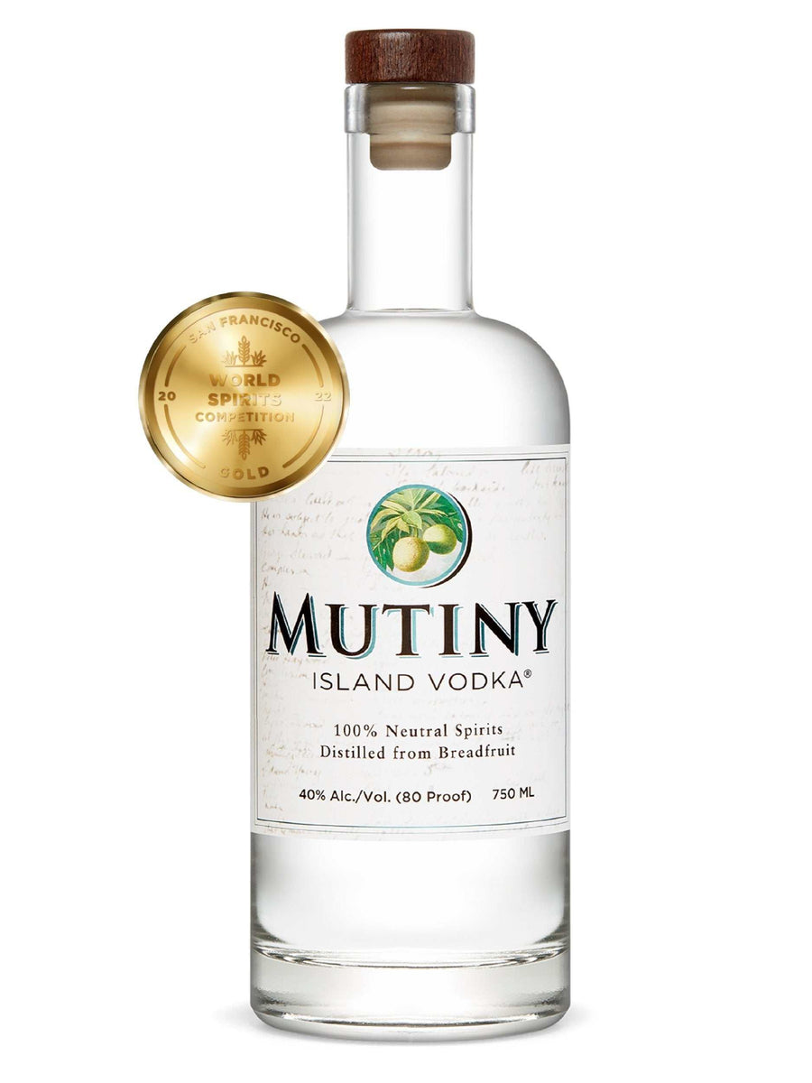 Mutiny Island Vodka 750ML bottle with gold award medallion, clear craft vodka distilled from breadfruit