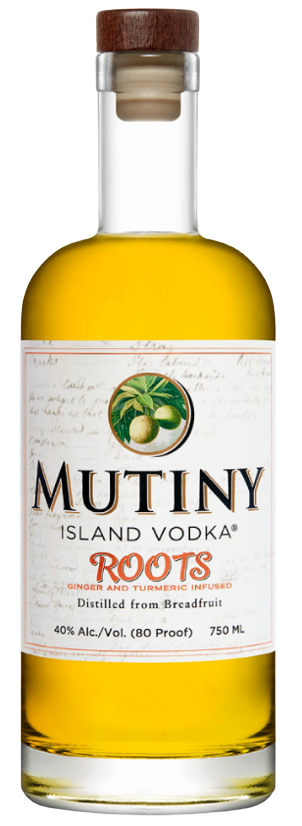 Mutiny Island Vodka Roots 750ml bottle with golden breadfruit-distilled vodka and botanical infusion