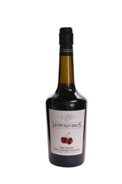 Leopold Bros. Michigan Tart Cherry Liqueur 750 ML bottle, showcasing its vibrant red hue and the rich, tart cherry flavor perfect for cocktails or sipping.