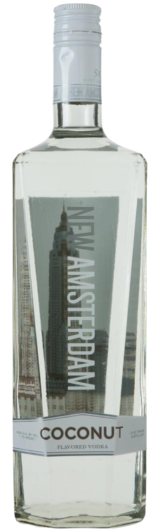 New Amsterdam Coconut Flavored Vodka 1L bottle with clear tropical coconut vodka inside