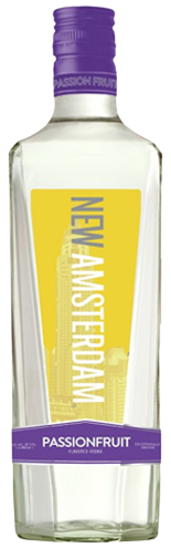 New Amsterdam Passionfruit Flavored Vodka 1.75L bottle with yellow and purple label, tropical passionfruit flavored vodka.