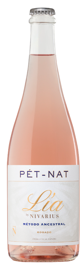 Bottle of Nivarius Lia Pet-Nat Rosé, a sparkling rosé wine from Rioja, Spain, with a pale salmon hue and elegant label, ideal for pairing with seafood.