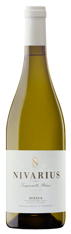 Nivarius Tempranillo Blanco Rioja, a Spanish white wine with straw-yellow color and elegant label, ideal for pairing with seafood and salads.