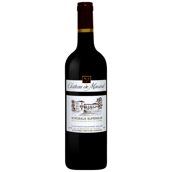 Chateau de Macard Bordeaux Superieur Red 750 ML bottle with rich red wine rich in black cherry and plum aromas
