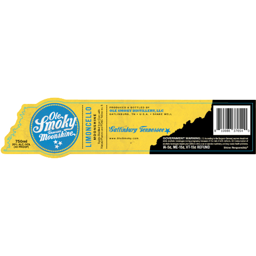 Ole Smoky Limoncello Moonshine 750 ML label, featuring Tennessee map design.