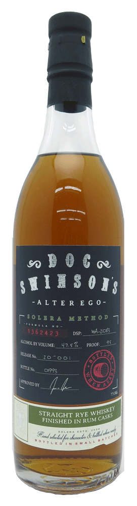 Doc Swinson’s Alter Ego Solera Method Straight Rye Whiskey bottle finished in rum casks, 750ml.