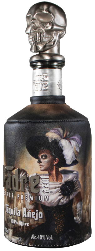 Padre Azul Anejo Dia de Los Muertos tequila bottle with skull cap and artistic Mexican design