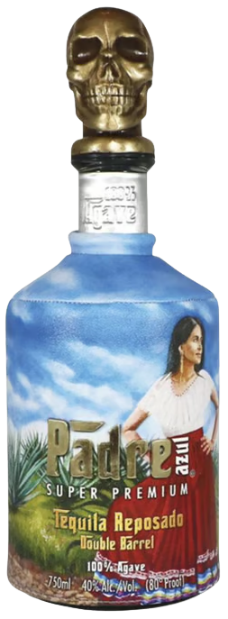 Padre Azul Double Barrel Reposado tequila bottle with skull cap and artistic label of woman outdoors