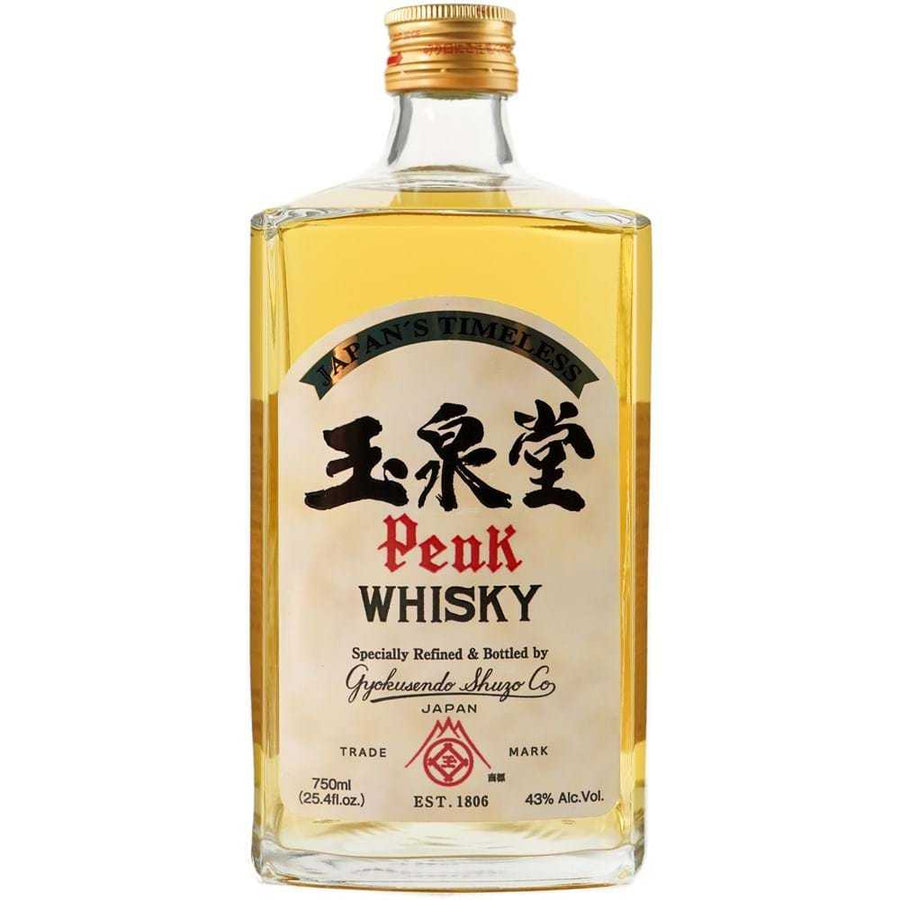 Peak Spirits Japans Timeless Whisky 750 ML bottle with golden whisky inside and Japanese label